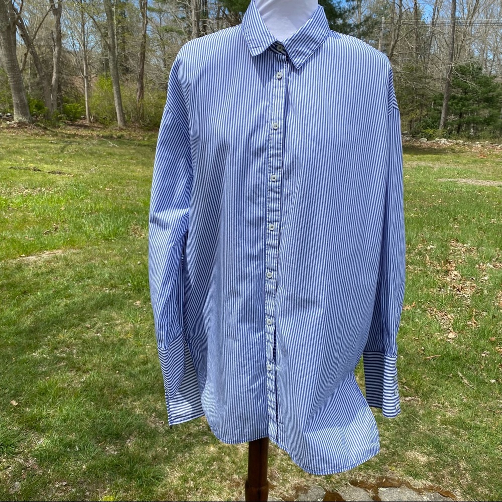 FREE PEOPLE TOP TUNIC BUTTON DOWN BLOUSE BLUE WHITE STRIPE LONG SLEEVE SIZE M